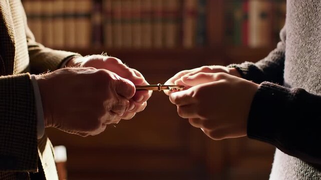 Close up of senior hands passing a vintage golden key to a younger man in a warm library setting, symbolizing inheritance and business succession concepts.