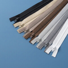Set of neutral color nylon zippers arranged diagonally on a blue background