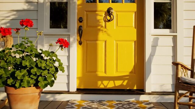 Bright yellow door welcoming entry onto a wooden porch with red flowers
