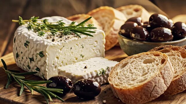 Close up of goat cheese log garnished with herbs and olives with bread