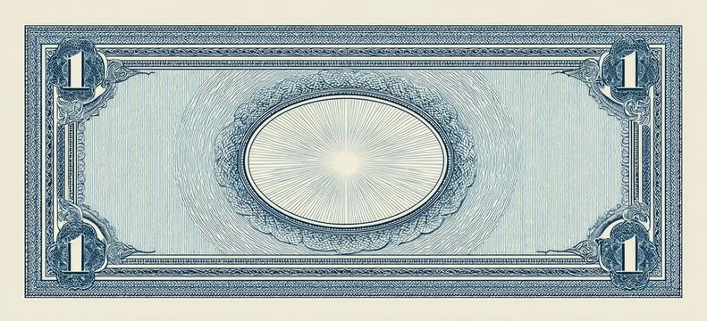 Antique blue $1 bill with detailed ornate design, sunburst, and four corners marked "1