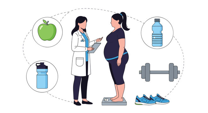 Female doctor advising an overweight patient on a healthy lifestyle with icons of diet, exercise, and hydration around them.