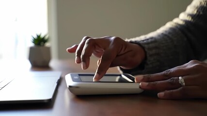 Close up of African American hands adjusting a white smart home thermostat on a wooden desk, illustrating modern automation and energy efficiency concepts.