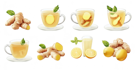 A collection of ginger tea preparations fresh ginger roots. lemon slices. and herbal garnishes. set against a clean white background. ideal for health and wellness promotions