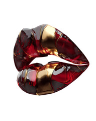 Abstract illustration of glossy red lips with metallic gold accents, modern digital art, high contrast lighting.