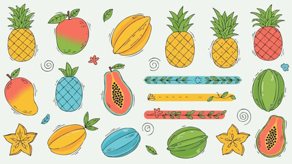 Vibrant Collection of Tropical Fruits and Decorative Elements.