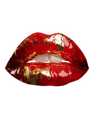 Abstract illustration of glossy red lips with metallic gold accents, modern digital art, high contrast lighting.