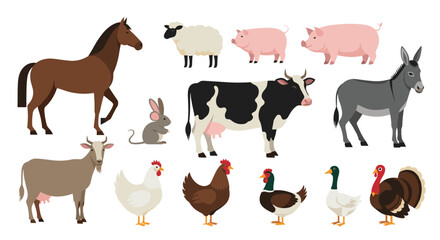Obraz premium A set of classic farm animals isolated on a white background, including a horse, cow, pig, sheep, donkey, and various poultry.