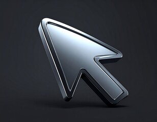 Metallic silver or chrome 3D arrow cursor shape isolated on a dark, reflective background, futuristic technology.
