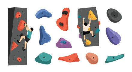 A set of bouldering and rock climbing elements, including various colorful holds, a climbing wall, and a person climbing.
