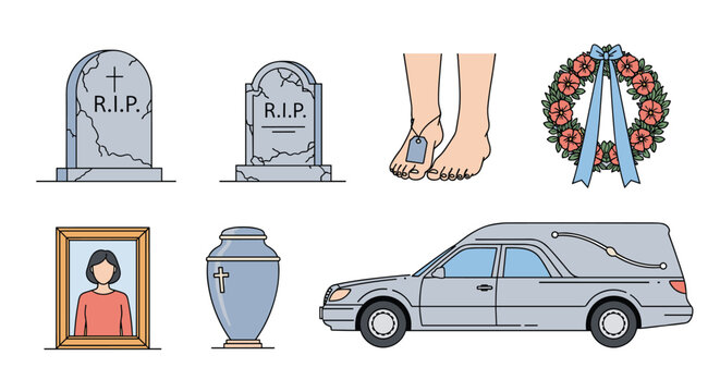 A set of icons and symbols related to funerals and death, including tombstones, a hearse, an urn, and a memorial portrait.