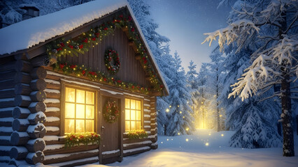 Fototapeta premium Cozy snow covered cabin decorated for winter holidays with sparkling lights