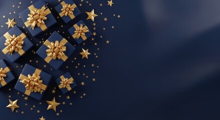 Dark Blue Christmas Background with Gold Gifts and Stars