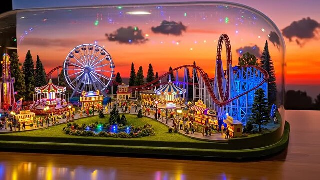 Miniature Amusement Park: A whimsical miniature amusement park, bathed in the soft glow of dusk, where roller coasters, Ferris wheels.