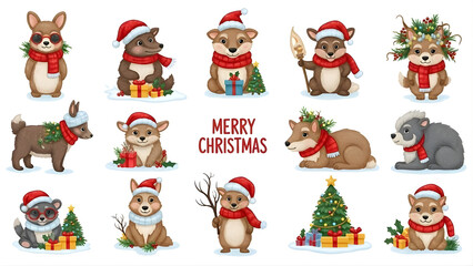 Merry Christmas! Cute animals wearing Santa hats with gifts – Festive holiday illustration