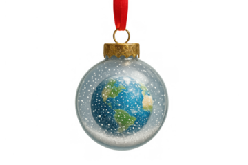 Christmas ornament containing a snow-covered earth, symbolizing global holiday seasons and winter world celebration