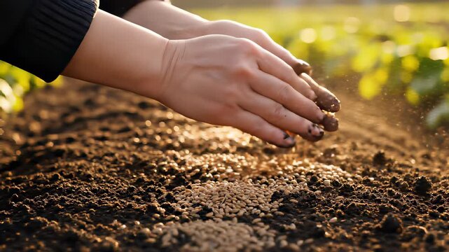 A woman tenderly nurtures growth in a lush field, meticulously planting seeds, sprinkling dirt, and cradling seedlings in her hands, capturing the essence of nurturing and care.