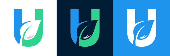 Letter U eco green Logo with leaves. ,symbol,alphabet,botany,natural