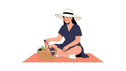 A woman enjoys a picnic with fresh fruits and a basket on a sunny day