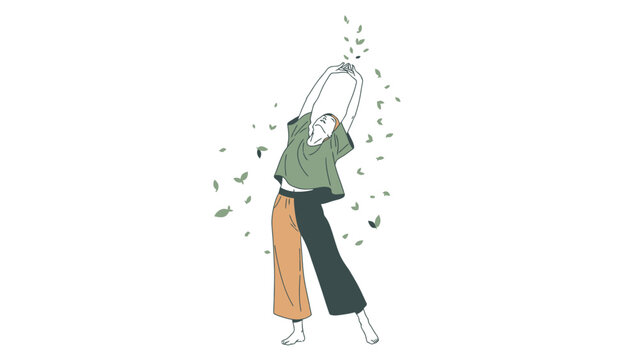 Illustration of a person stretching upwards with leaves falling around a white background