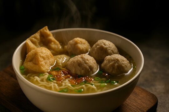 Steaming Hot Bakso (Indonesian Meatball Noodle Soup) in a Dark, Moody Setting