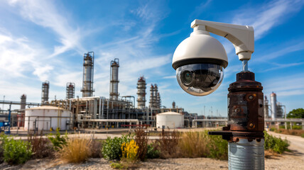 A daytime industrial photograph of a large petrochemical facility with tall metal distillation columns and storage tanks against a bright blue sky.