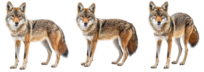 A trio of coyotes standing gracefully in a studio setting. their striking fur patterns and expressive faces. with a clean white background emphasizing their natural beauty