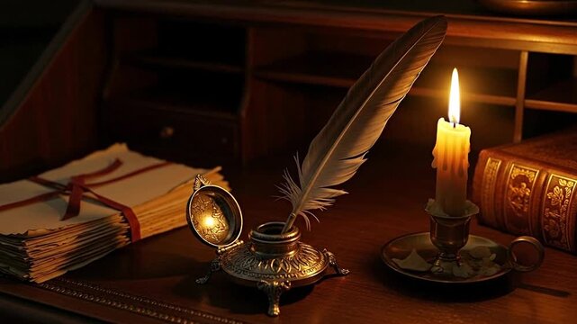 Whispers of the Past: An old desk illuminated by the warm, flickering glow of a candle, adorned with a quill pen, an inkwell, and a stack of aged letters.