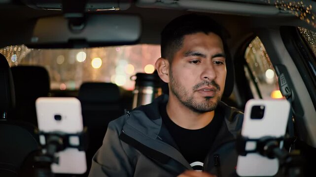 Focused Hispanic driver managing navigation apps on two smartphones inside a car at night, illustrating gig economy work concepts