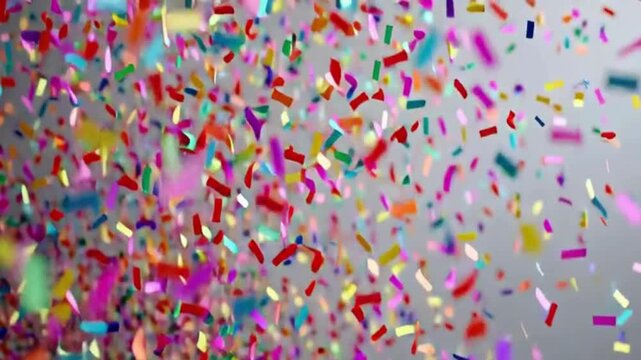 A vibrant explosion of colorful confetti raining down against a soft gray background, creating a festive and celebratory atmosphere.