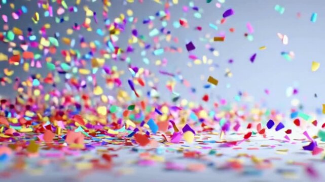 A vibrant explosion of colorful confetti falling and scattering across a light gray surface, creating a festive and celebratory atmosphere.
