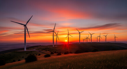 Obraz premium Majestic wind turbines silhouetted against a breathtaking sunset sky over rolling hills-clean energy landscape