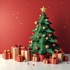 Obraz premium Stylized Christmas Tree With Gifts on Red Background