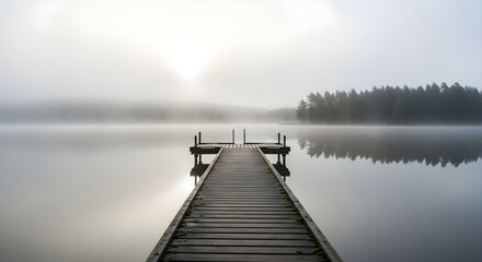 Naklejka premium Misty lake with wooden pier at sunrise and forest reflection