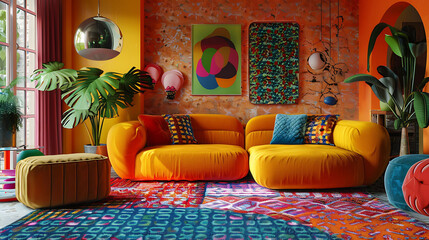 Lively living room featuring colorful textile wallpaper, ideal for interior design searches and bold, creative home d&eacute;cor inspiration.
