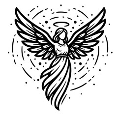 Stylized black and white graphic of a divine angel figure with spiritual aura and spread