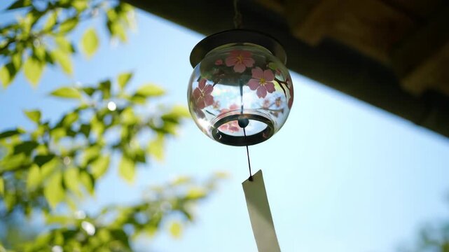 Japanese glass Furin wind chime with cherry blossom pattern hanging under eaves. Symbol of peaceful summer and traditional culture.