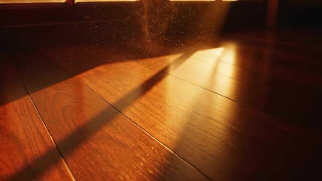 Close up video of dust particles floating in a sunbeam on a wooden floor. Concept of passing time, nostalgia and indoor air hygiene.
