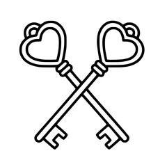 Romantic Crossed Skeleton Keys with Heart Handles Vector Outline Illustration