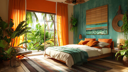 Vibrant bedroom featuring layered textures and bright drapery, ideal for interior design searches and creative bedroom d&eacute;cor inspiration.
