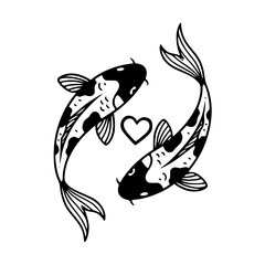 Black and White Doodle Illustration of Two Koi Fish and a Heart Symbolizing Love and Harmonies