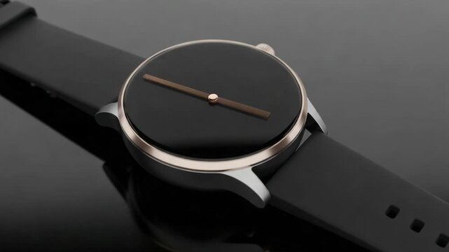Minimalist modern wristwatch with black dial and black strap on a reflective surface