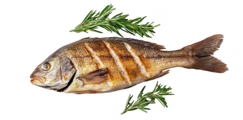 A beautifully cooked whole fish garnished with fresh herbs. its glistening skin and perfect grill marks. ideal for food photography and culinary presentations