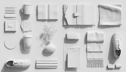 Elevated perspective of a meticulously curated collection of blank, white everyday objects, artfully arranged on a pristine surface, emphasizing minimalism, purity, and clean design aesthetics