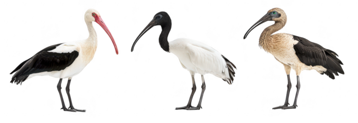 A trio of elegant birds distinct plumage and beak colors. standing side by side against a white background. ideal for wildlife photography and educational purposes