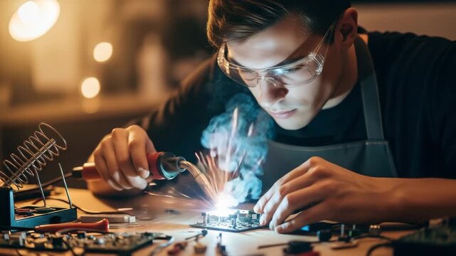 A person shows skills in soldering a circuit board while working at a table in a workshop