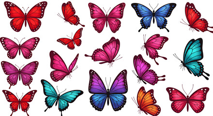 Fototapeta premium A vibrant collection of colorful butterflies in various shades of red, pink, blue, purple, and orange, depicted with detailed wings.