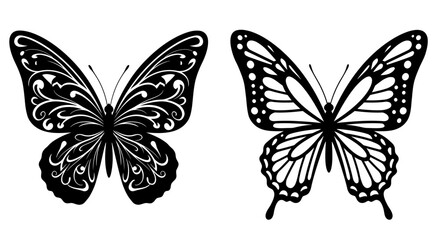 Two distinct black and white butterfly vector illustrations, featuring intricate decorative patterns and clean silhouettes, isolated for versatile design use.