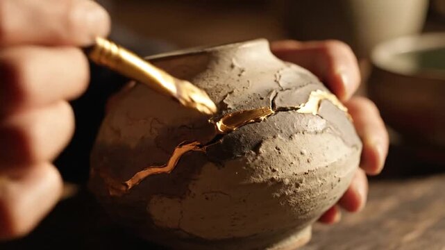 Close-up of hands repairing a cracked ceramic pot,  gold lacquer flowing through seams in kintsugi