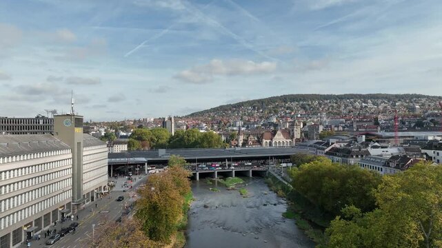 sunny day zurich city center train station district riverside aerial panorama 4k switzerland  